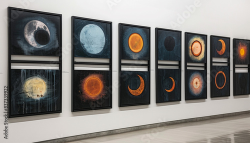 In an art museum gallery, multiple paintings in black frames depict abstract interpretations of the solar and lunar eclipses against a white wall.