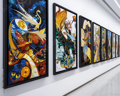 In an art museum gallery, observe multiple paintings in sleek black frames, each showing an abstract, vibrant rendition of various traditional myths, against a white wall.