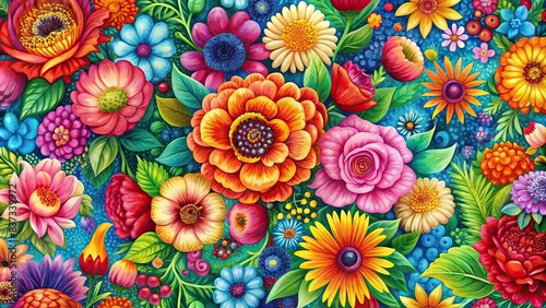 Bright floral abstract print with vibrant colors and intricate details