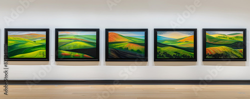 Multiple black-framed paintings depicting expansive abstract interpretations of rolling green hills, displayed on a white wall in an art museum gallery.