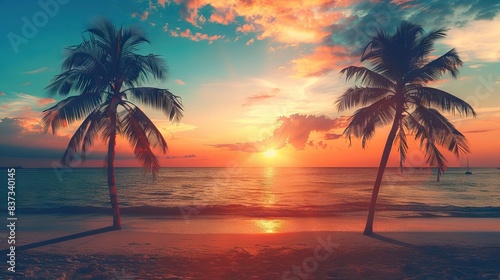 Silhouettes of palm trees and amazing cloudy sky on sunset at tropical beach with pink sky background for travel and vacation. AI generated illustration
