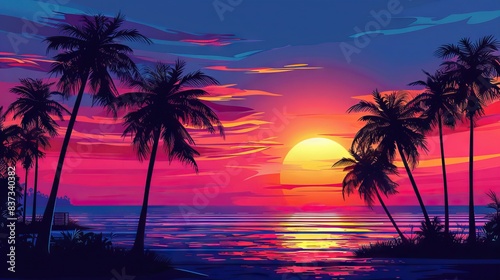 Silhouettes of palm trees and amazing cloudy sky on sunset at tropical beach with pink sky background for travel and vacation. AI generated illustration © 3D