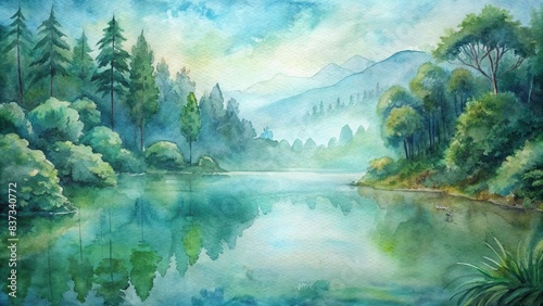 Serene lake in a lush forest captured in watercolor style