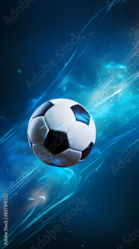 Soccer ball flying on blue background