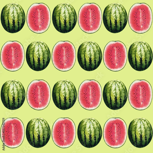 Watermelons seamless pattern, hand drawn watercolor illustration isolated on green background. For design of summer postcards, greeting cards, invitations, textiles, prints, background, packaging.