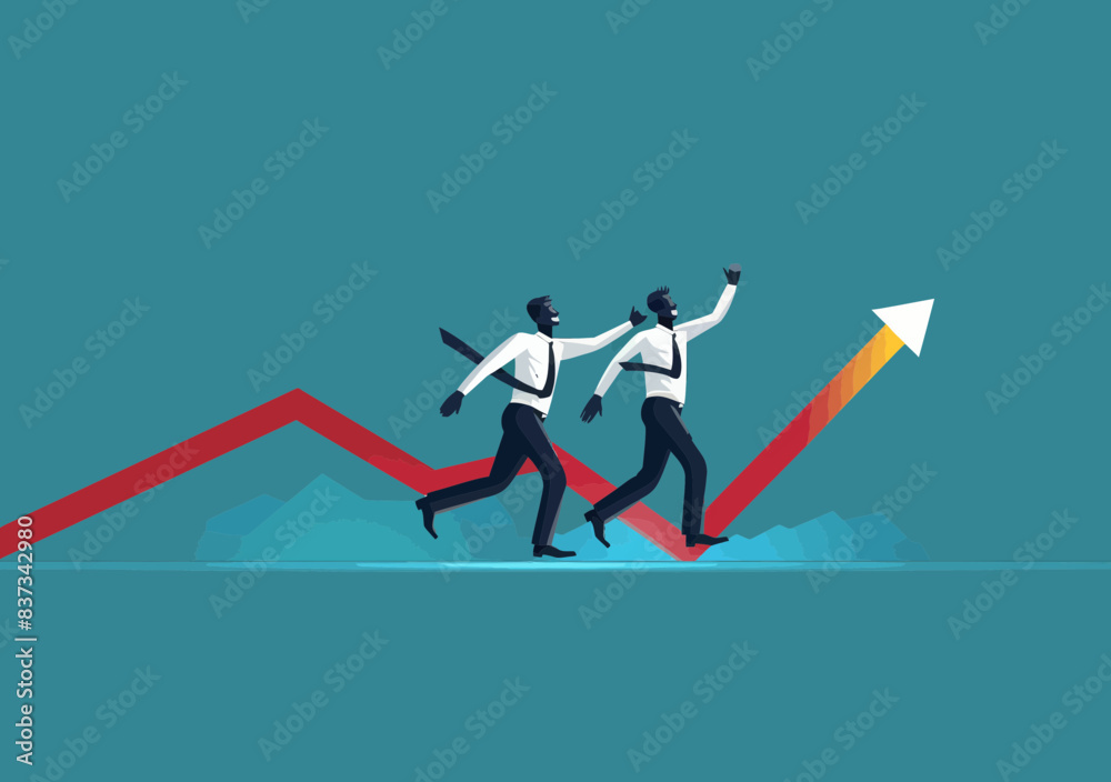 Business Success Concept with Businessmen Reaching Victory at Finish Line and Growth Chart Trend Upwards, Minimalistic Vector Illustration Business Success Concept with Businessmen Reaching Victory at Finish Line and Growth Chart Trend Upwards, Minimalistic Vector Illustration