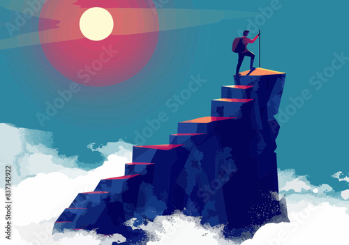 Businessman Climbing Steps to Success at Sunrise - Inspirational Vector Illustration of Business Journey and Achievement