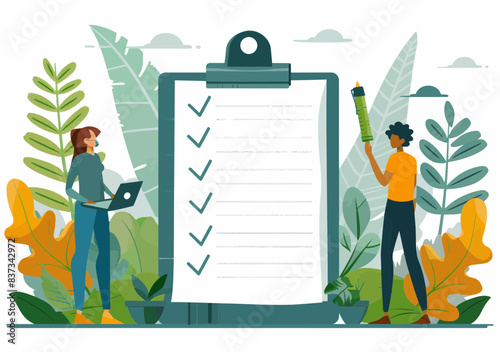 Business Team Office Checklist with Workers Collaborating and Completing Tasks in Minimalistic Vector Illustration Concept photo