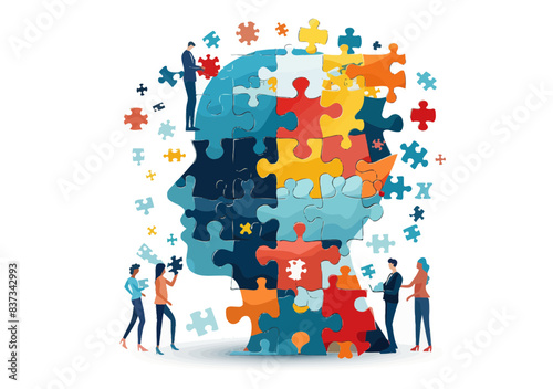 Business Team Building Personality and Decision Making Concept with People Assembling Puzzle Elements of Human Head in Minimalistic Vector Illustration