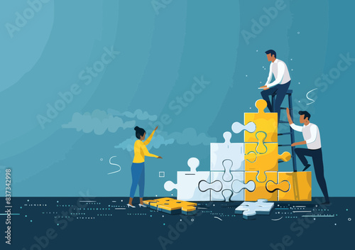 Collaborative Team Building Puzzle for Success Vector Illustration, Minimalist Design Depicting Business Teamwork and Problem Solving Concept in Professional Setting