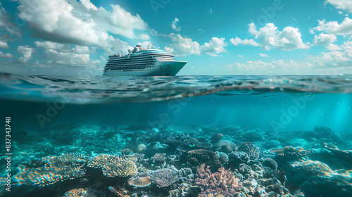 half underwater view of beautiful seabed and cruise