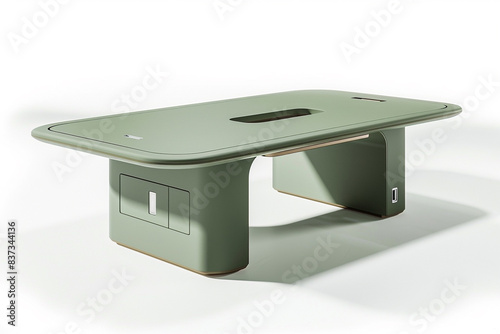 Executive table featuring a matte seafoam green top and integrated USB ports, corner view, isolated on white background