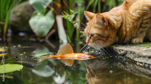 Katze lauert am Gartenteich und versucht einen Fisch zu fangen photo