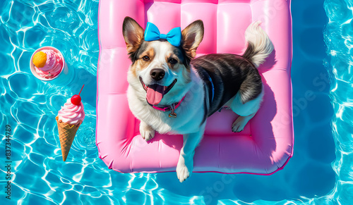 Happy dog on holiday in the pool. Cute dog swimming on a mattress in the pool