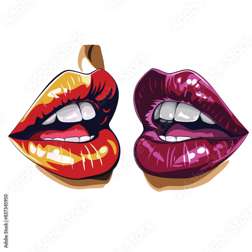 Two pairs illustrated lips decorated, one fiery red yellow flames design, one deep purple black floral pattern. Female lips, glossy shine, artistic makeup concept, plump seductive mouth. Creative