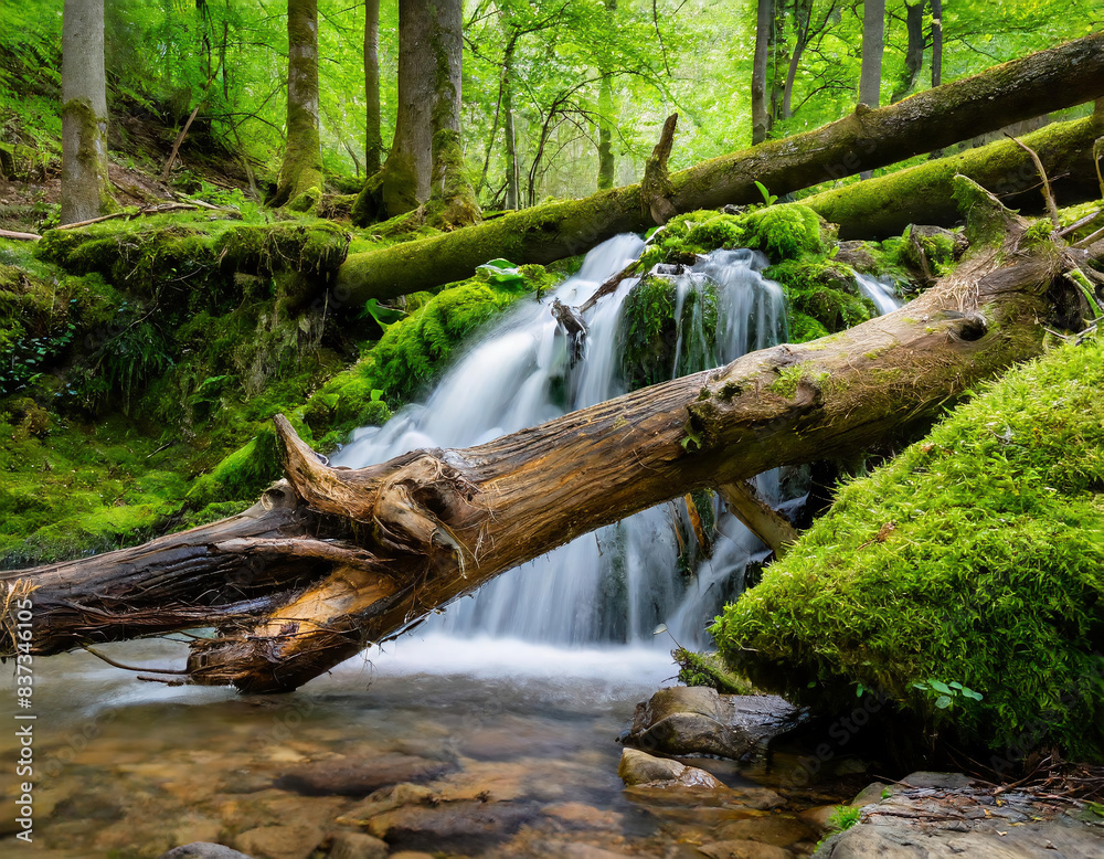 Fototapeta premium Waterfall in the green forest with mossy stones and fallen tree
