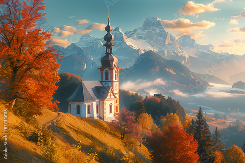 conic picture of Bavaria with Maria Gern church with Hochkalter peak on background. Fantastic autumn sunrise in Alps. Superb evening landscape of Germany countryside. Traveling concept ... photo