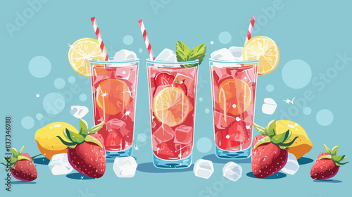 Glasses with fresh cold strawberry lemonade on a blue background.