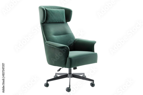 Elegant dark green executive revolving chair with contoured cushioning and ergonomic design, profile view, isolated on white background