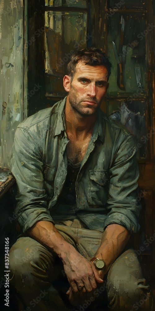 Obraz premium Oil Painting of a Man Wearing a Green Shirt