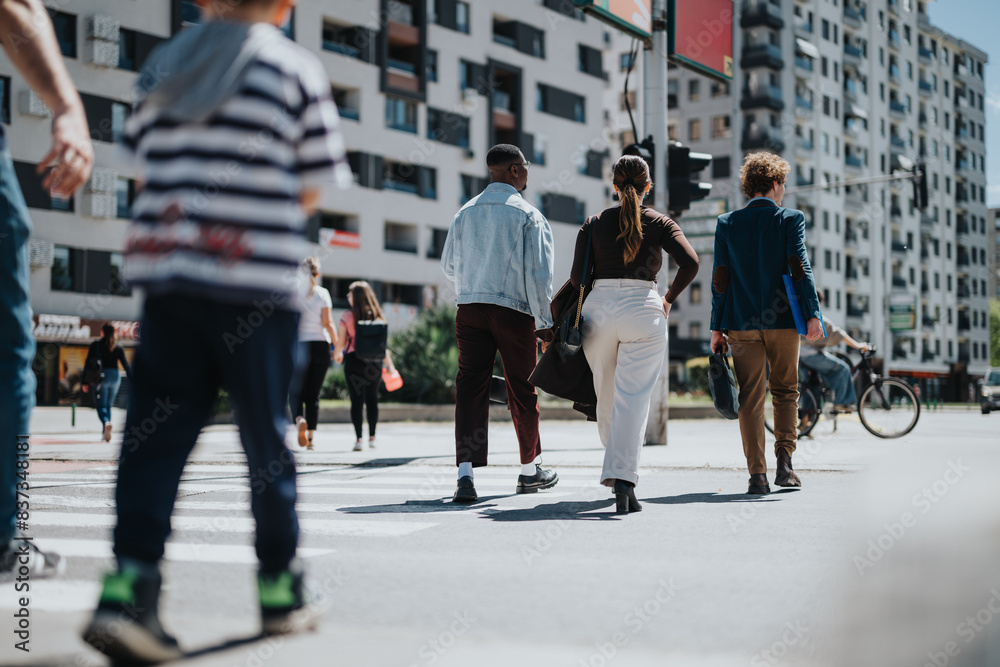 Obraz premium A diverse group of business professionals engaging in a walking meeting across a city street, exemplifying teamwork and cooperation in an outdoor urban setting.
