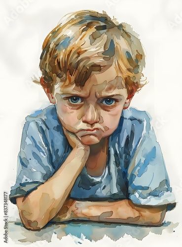 watercolor painting of a boy with a sad expression on his face photo