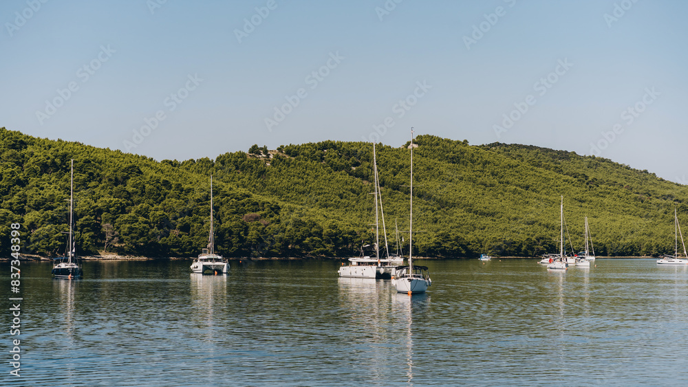 Obraz premium Many yachts moored off Dugi Otok island shore, idyllic coastal destination in Adriatic Sea, Croatia