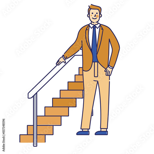 Young businessman climbing stairs success concept, professional man ascending steps, career advancement corporate ladder. Confident male business attire reaching new heights job achievement, modern