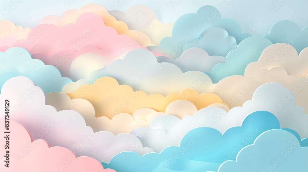 A 3D papercut image of a cloudy sky with different shapes and sizes of pastel-colored clouds