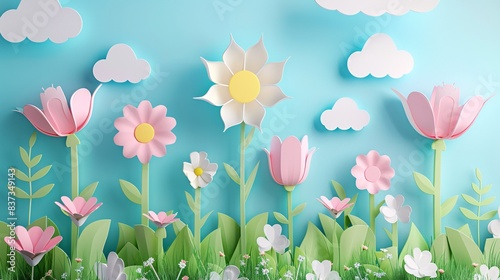 A spring scene with pastel-colored flowers blooming under a sunny sky, illustrated in a 3D papercut style #837349143
