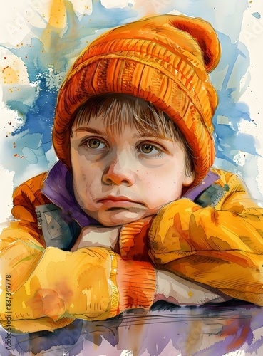 watercolor painting of a boy in an orange beanie photo