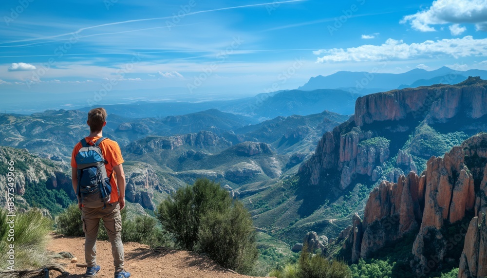 Naklejka premium Hiker looking out over mountainous landscape