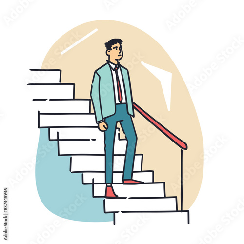Businessman ascending stairs, steps success concept, professional growth, career ladder, man suit climbing. Office worker reaching higher level, professional development, achieving goals, corporate