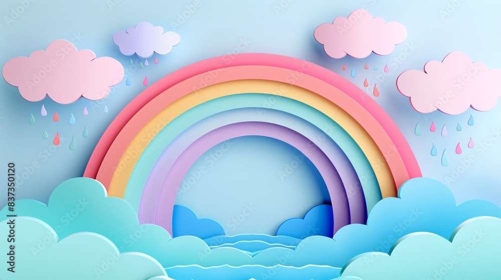 A pastel-colored 3D papercut scene of a rainbow after a rainstorm with fluffy clouds A pastel-colored 3D papercut scene of a rainbow after a rainstorm with fluffy clouds