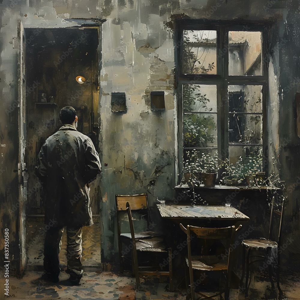 man standing in a room with a table and a chair near a window man standing in a room with a table and a chair near a window