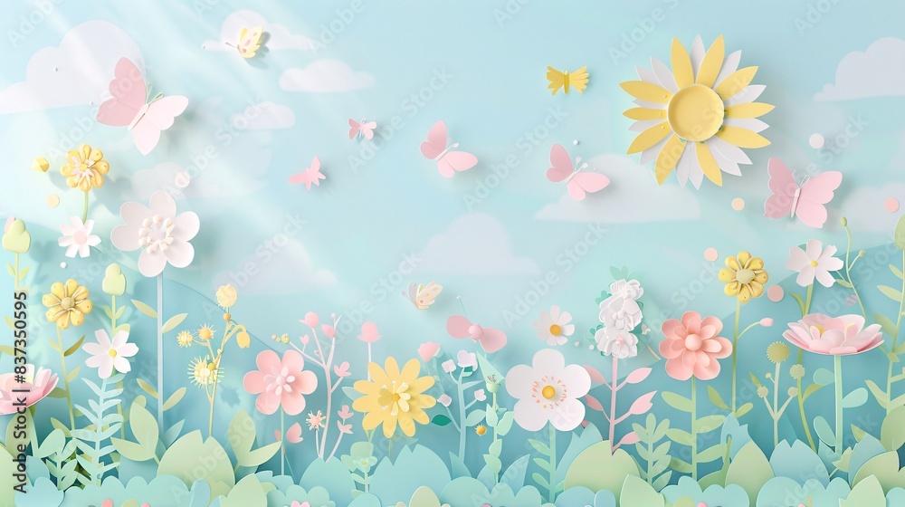 A pastel-colored 3D papercut scene of a sunny garden with blooming flowers and butterflies A pastel-colored 3D papercut scene of a sunny garden with blooming flowers and butterflies