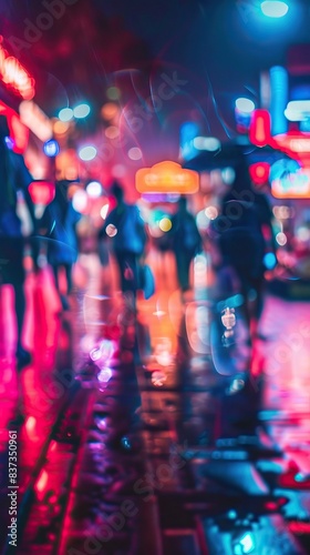 Beach at night ith neon lights. blurred vie of people. AI generated illustration