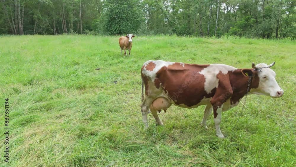 slow motion aerial view of cow grazing on a green field in europe slow motion aerial view of cow grazing on a green field in europe