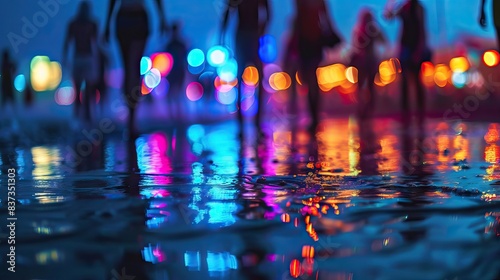 Beach at night ith neon lights. blurred vie of people. AI generated illustration © 3D
