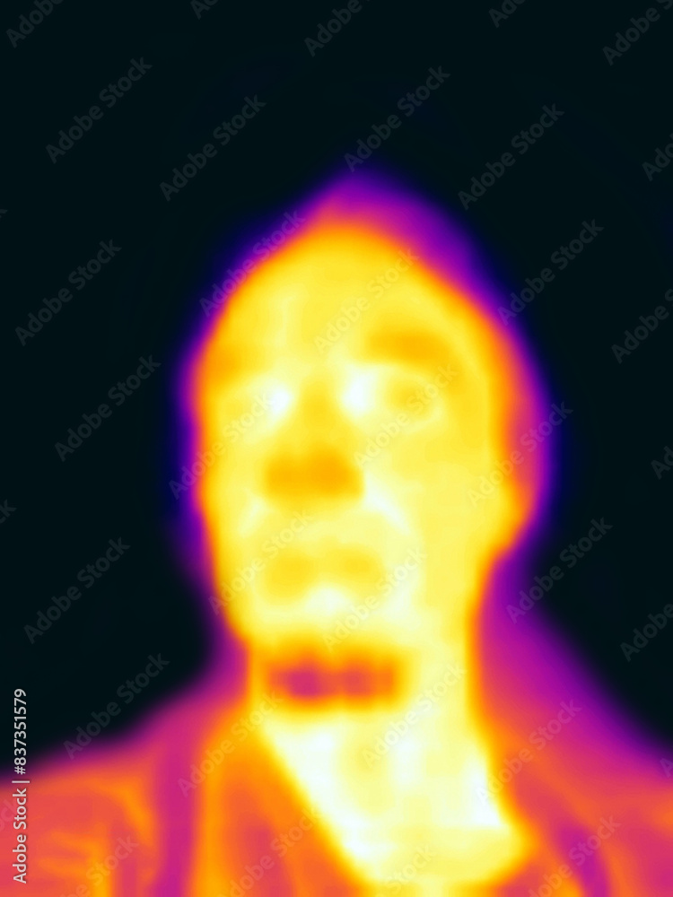 A self-portrait of a young man (author) in a high mood. Image from thermal imager device. A self-portrait of a young man (author) in a high mood. Image from thermal imager device.