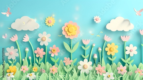 A spring scene with pastel-colored flowers blooming under a sunny sky, illustrated in a 3D papercut style