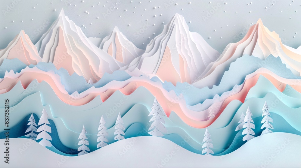A 3D papercut image of a snowy mountain range with pastel-colored peaks and trees A 3D papercut image of a snowy mountain range with pastel-colored peaks and trees