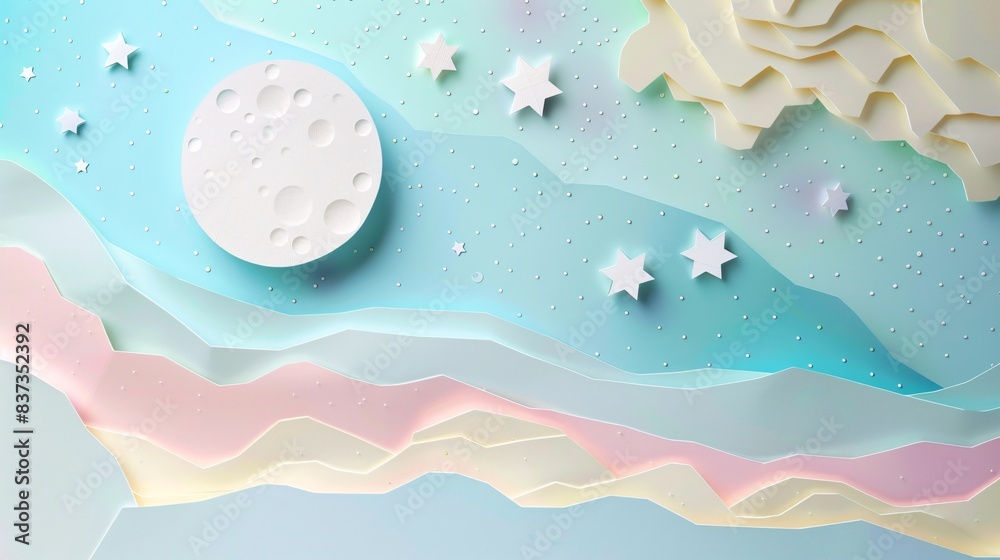 A 3D papercut illustration of a clear night sky with pastel-colored constellations and a full moon A 3D papercut illustration of a clear night sky with pastel-colored constellations and a full moon