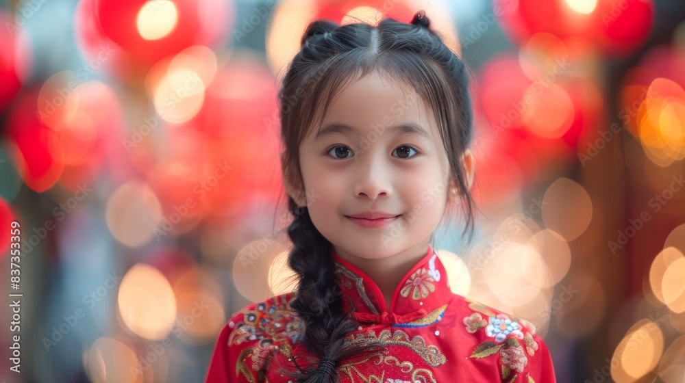 Asian girl in a traditional red dress surrounded by bokeh lights. Concept of cultural celebration, festive attire, childhood innocence, Asian culture, , Christmas, New Year Asian girl in a traditional red dress surrounded by bokeh lights. Concept of cultural celebration, festive attire, childhood innocence, Asian culture, , Christmas, New Year