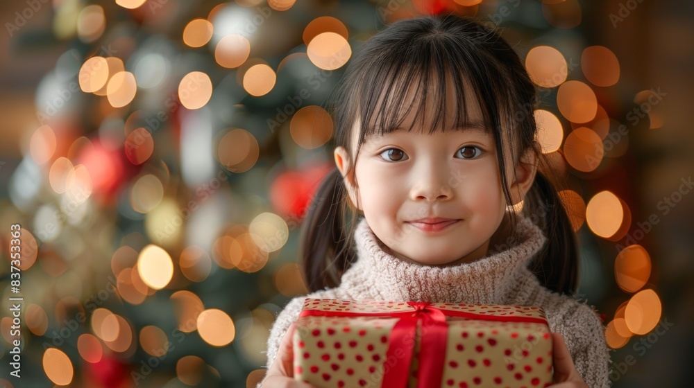 Asian girl in traditional red attire holding a gift in a festive setting. Concept of celebration, cultural tradition, holiday joy, Christmas, New Year Asian girl in traditional red attire holding a gift in a festive setting. Concept of celebration, cultural tradition, holiday joy, Christmas, New Year