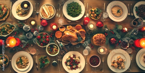 Festive Holiday Feast on Wooden Table. Concept of traditional Christmas dinner, delicious food, decorations, family celebration, winter