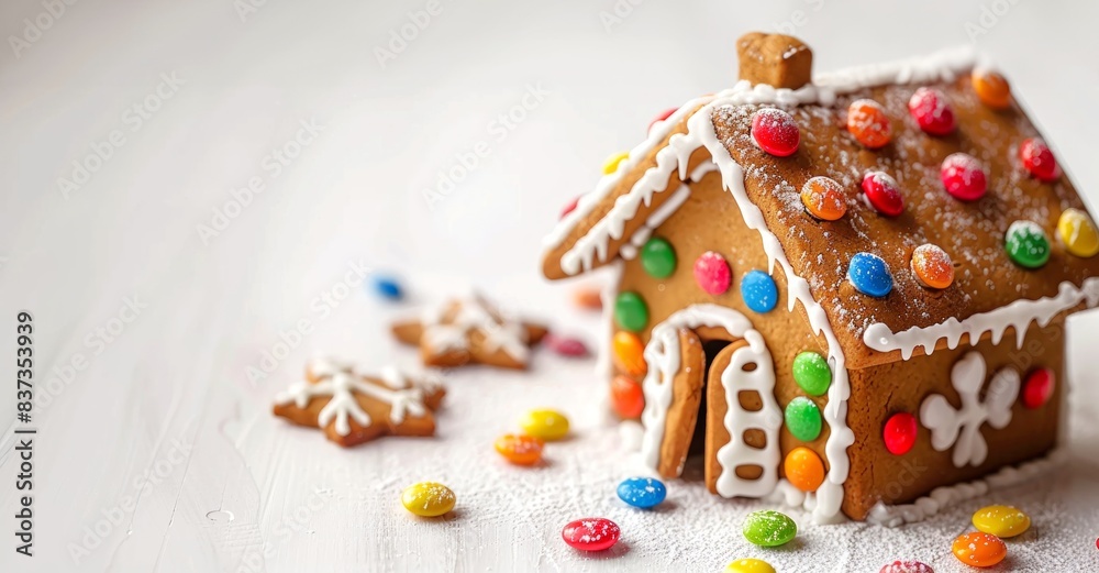 Fototapeta premium Colorful gingerbread house with candy decorations in a winter setting. Concept of holiday baking, festive treats, Christmas candy, and culinary creativity. White background