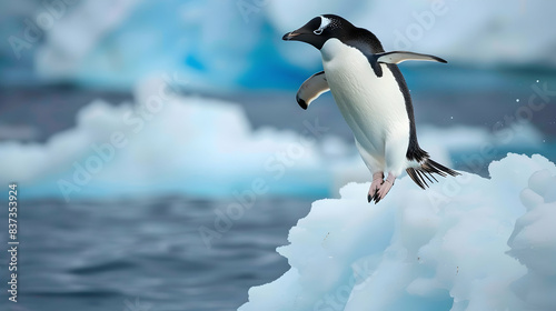 Adelie penguin jumping between two ice floes