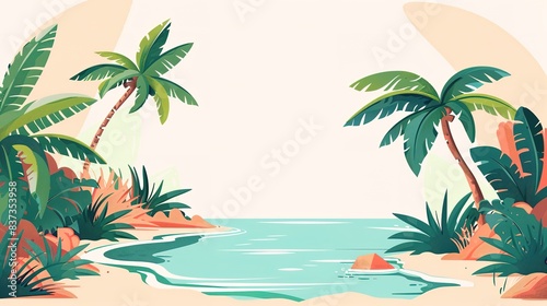 minimalistic tropical island flat illustration with palm trees on water  large empty spac for text  ideal for travel  tourism  and beach vacation promotions  copyspace.