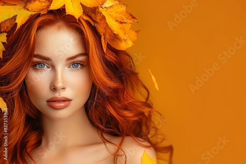 An image generated using artificial intelligence showing an attractive redhead model over a background depicting autumn at its best photo